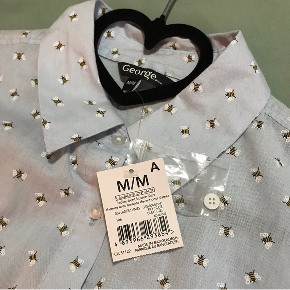 NWT Ladies Size M Light Blue Bee Button Front Casual Long Sleeve Dress Shirt - Picture 6 of 7